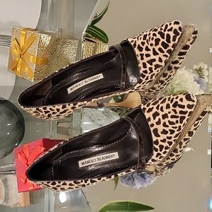Manolo Blahnik Leopard Print and Black Pointed Toe Pumps